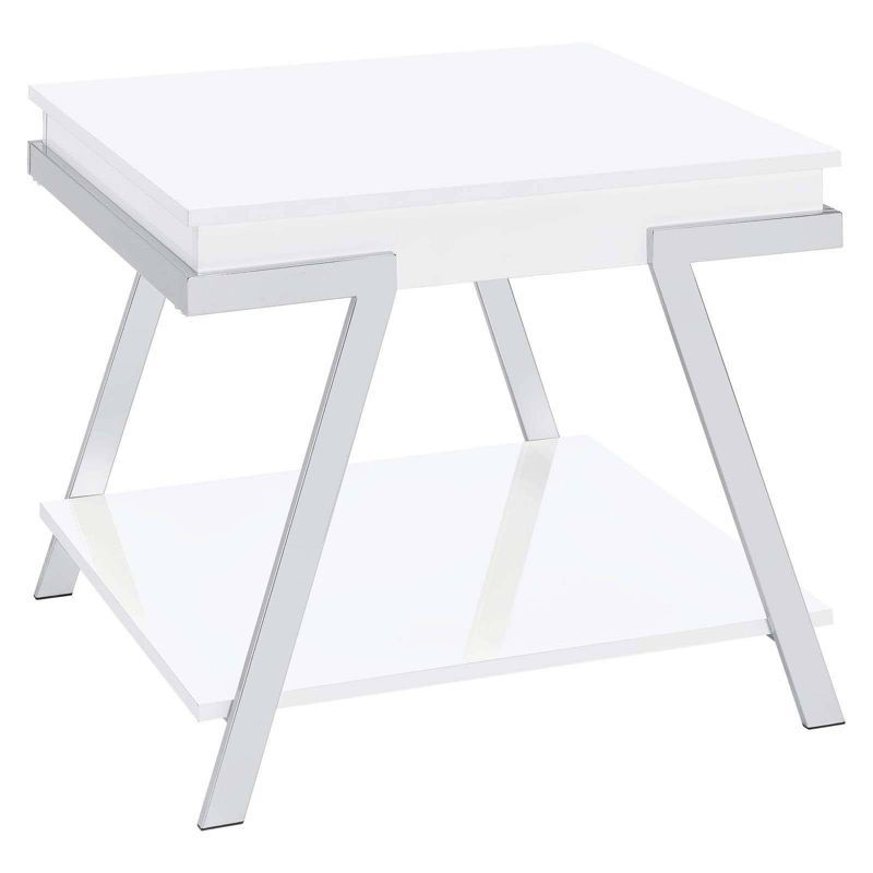 Modern White High Gloss and Chrome Rectangular End Table