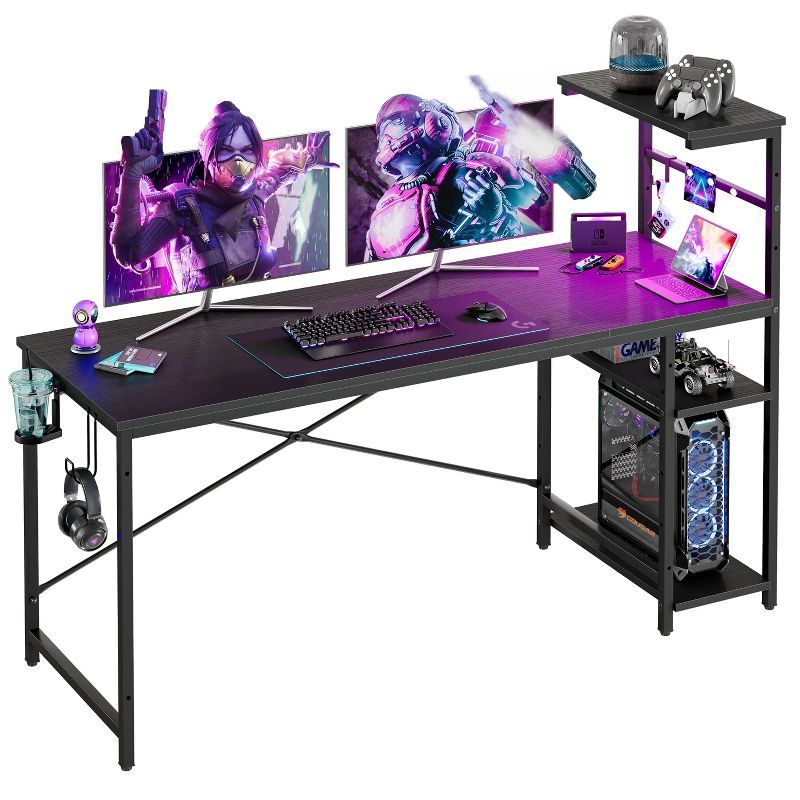 Bestier 61 Inch Black Grained Gaming Desk with Shelves