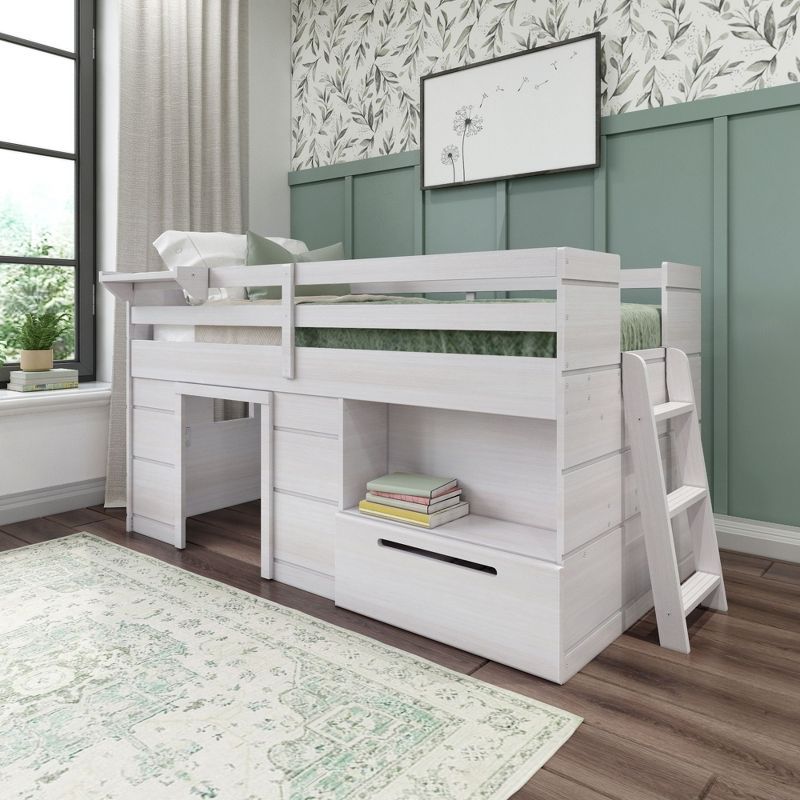 Twin White Wash Wood Loft Bed with Storage Drawer and Ladder