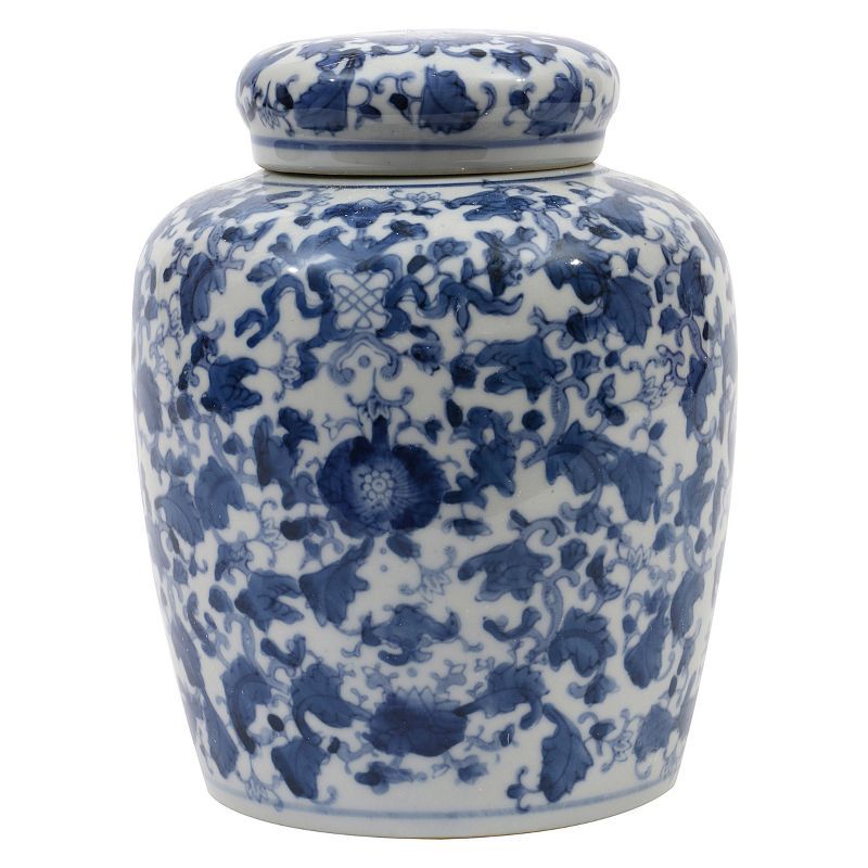 Blue and White Floral Ceramic Ginger Jar with Lid