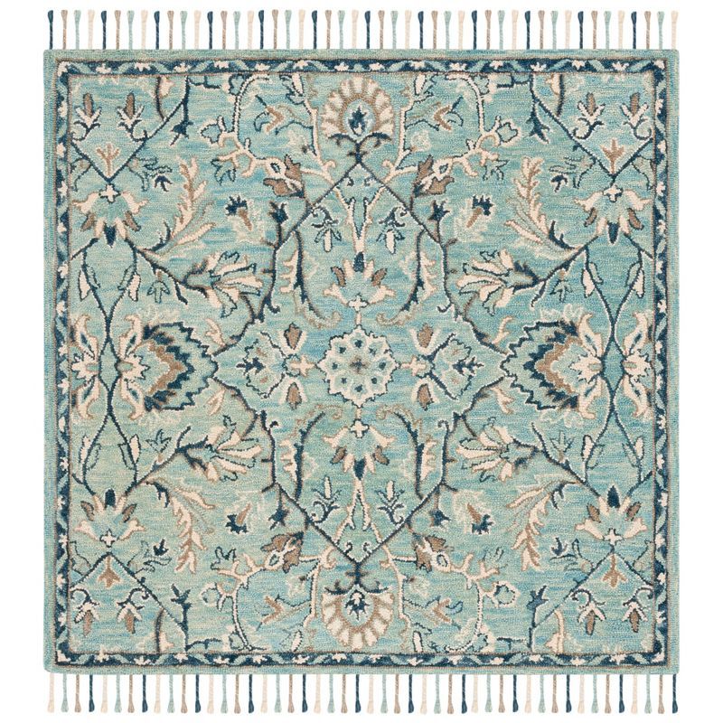 Blossom Blue and Ivory 6' Square Handmade Wool Area Rug