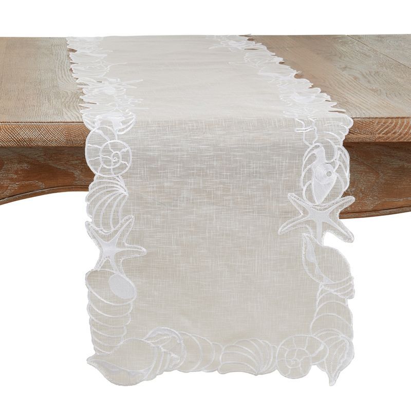 White Embroidered Seashells Polyester Table Runner, 14" x 72"