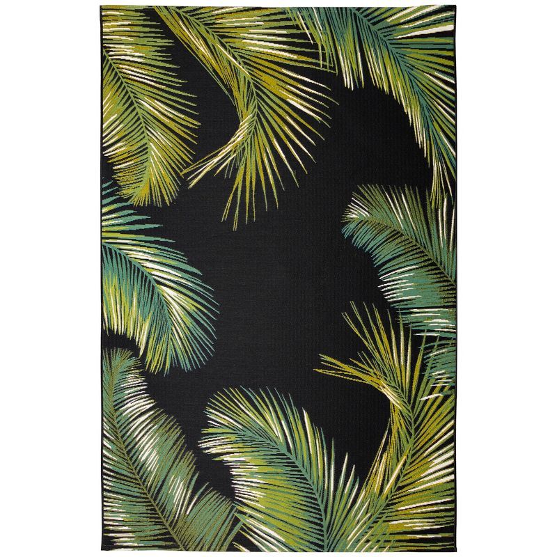 Large Black and Green Palm Leaf Wool Indoor/Outdoor Rug