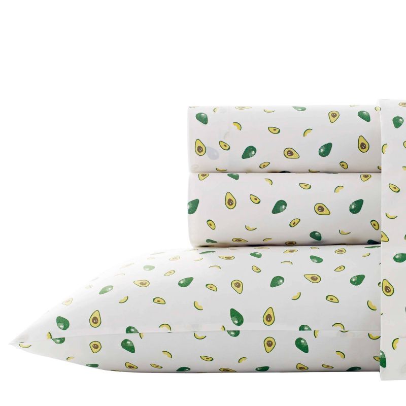 Avocado Print White and Green Percale Cotton Queen Sheet Set