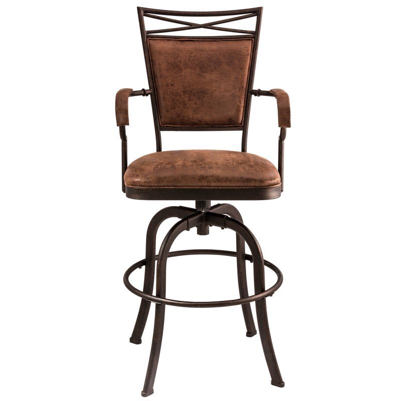 Aged Bronze Swivel Bar Stool with Weathered Brown Faux Leather