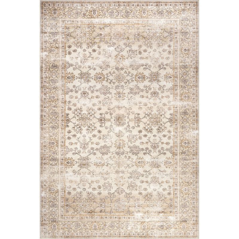 Vintage Beige Floral Machine Washable Synthetic Area Rug, 9' x 12'