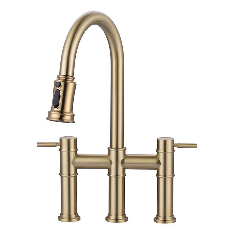 Gold Brass Double Handle Bridge Kitchen Faucet with Pull Down Sprayer