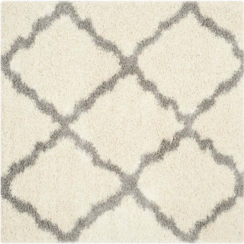 Ivory and Grey Synthetic 4' Square Trellis Shag Rug