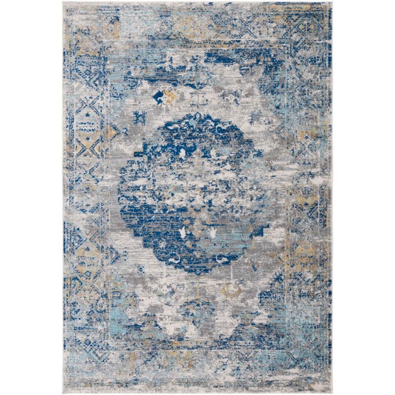 Gray and Blue Floral Motif Synthetic Area Rug, 6' x 9'