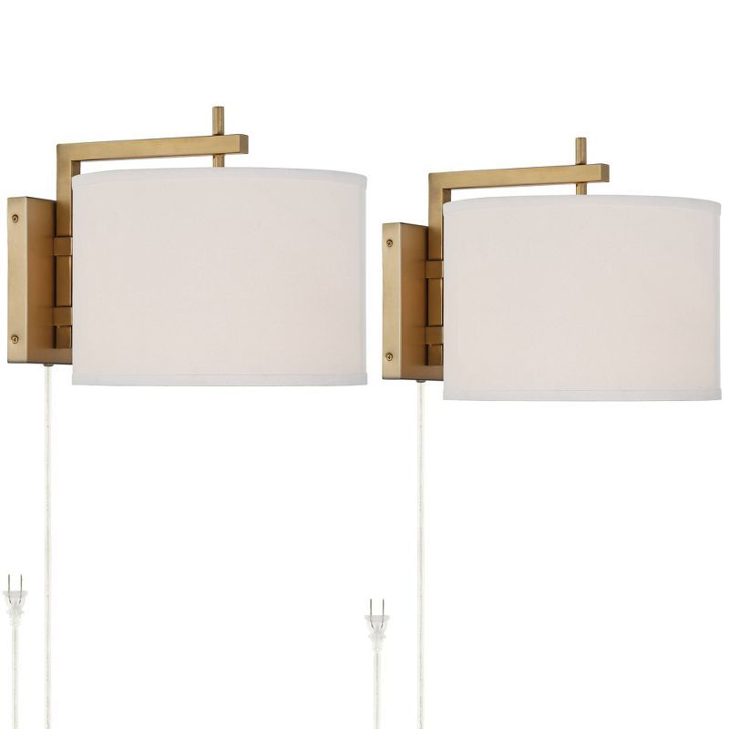 Adair 14" Gold Brass Plug-In Wall Sconce Set with Linen Shade