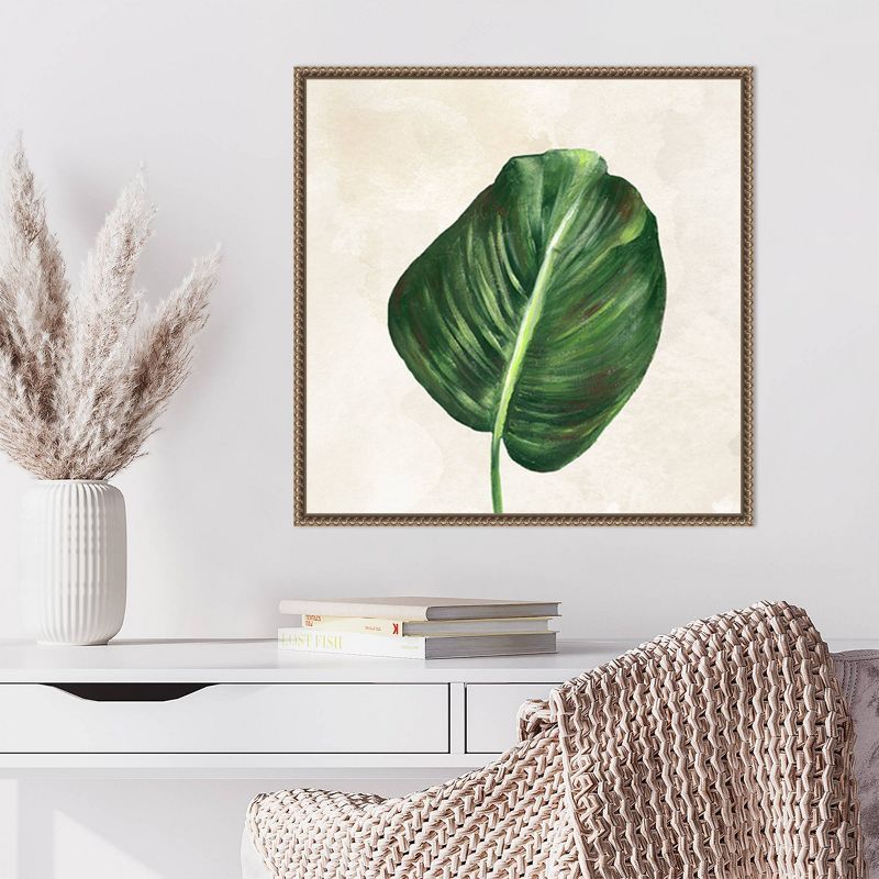 Tropical Leaves I Green Leaf Canvas Wall Art with Bronze Frame