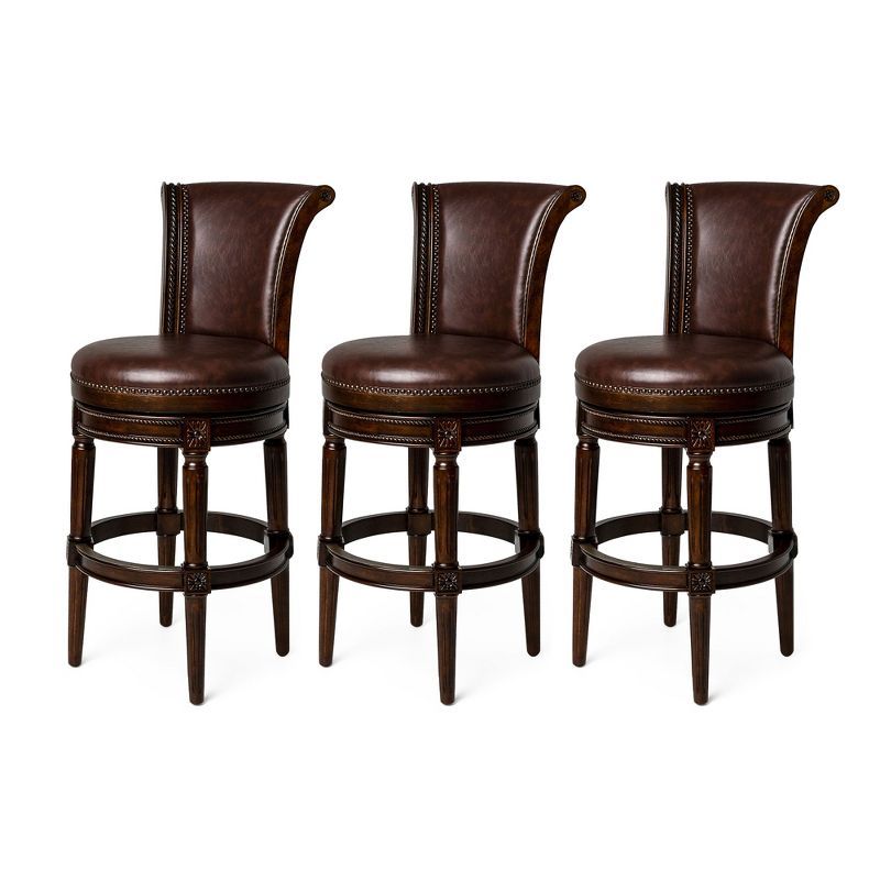 Walnut Swivel Leather High-Back Bar Stools, Set of 3