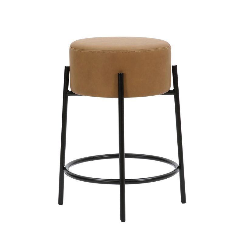 Isaac 24" Light Brown Faux Leather Backless Barstool with Matte Black Metal Base