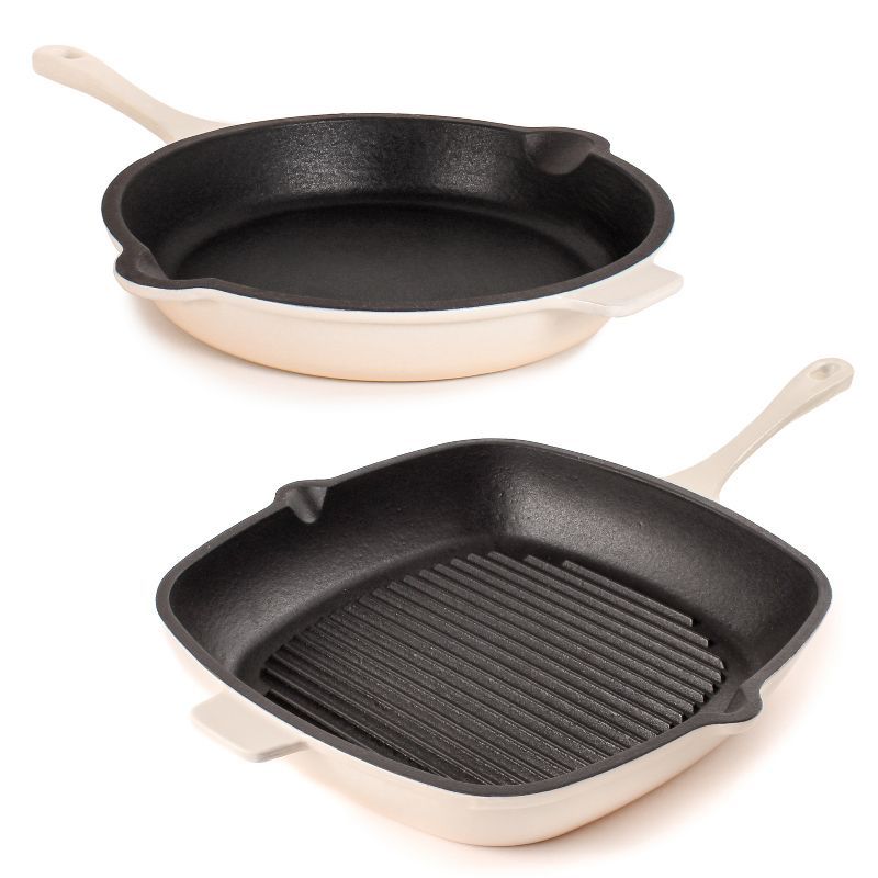 Meringue Enameled Cast Iron 2-Piece Fry and Grill Pan Set