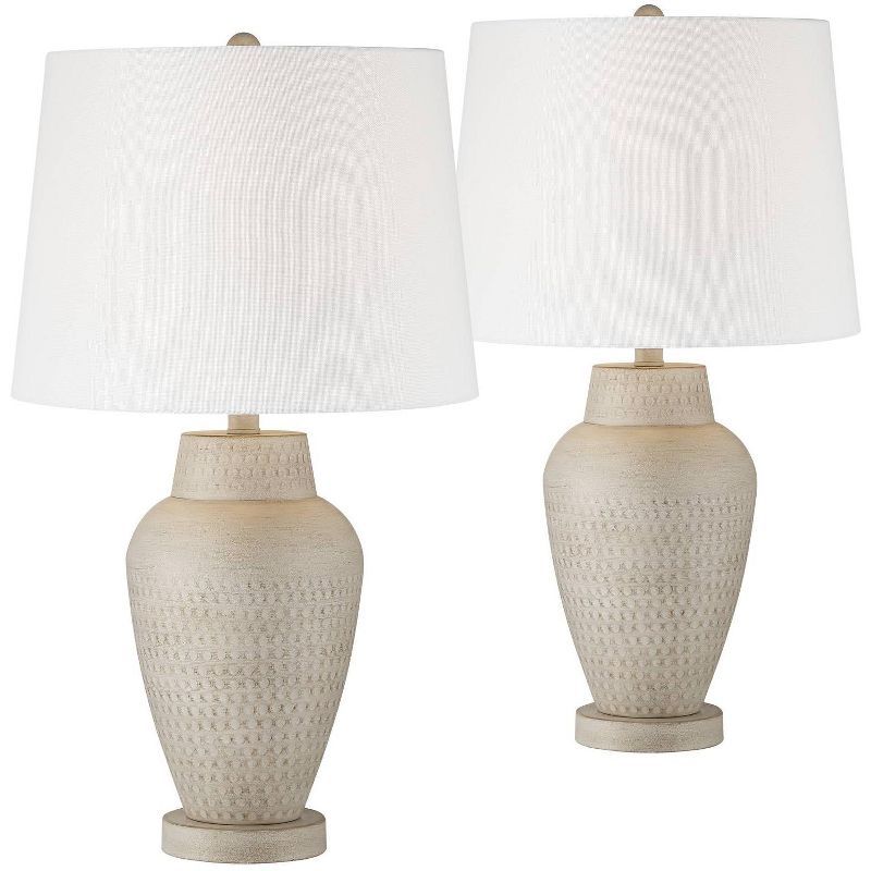 Rupert Beige Hammered Metal Table Lamps with White Linen Shades, Set of 2