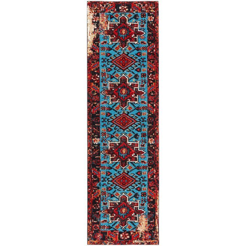Vintage Hamadan Red and Light Blue Synthetic Runner Rug