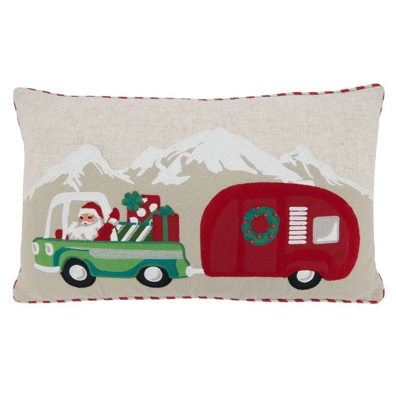 14"x24" Multicolor Santa Truck & Trailer Holiday Lumbar Pillow