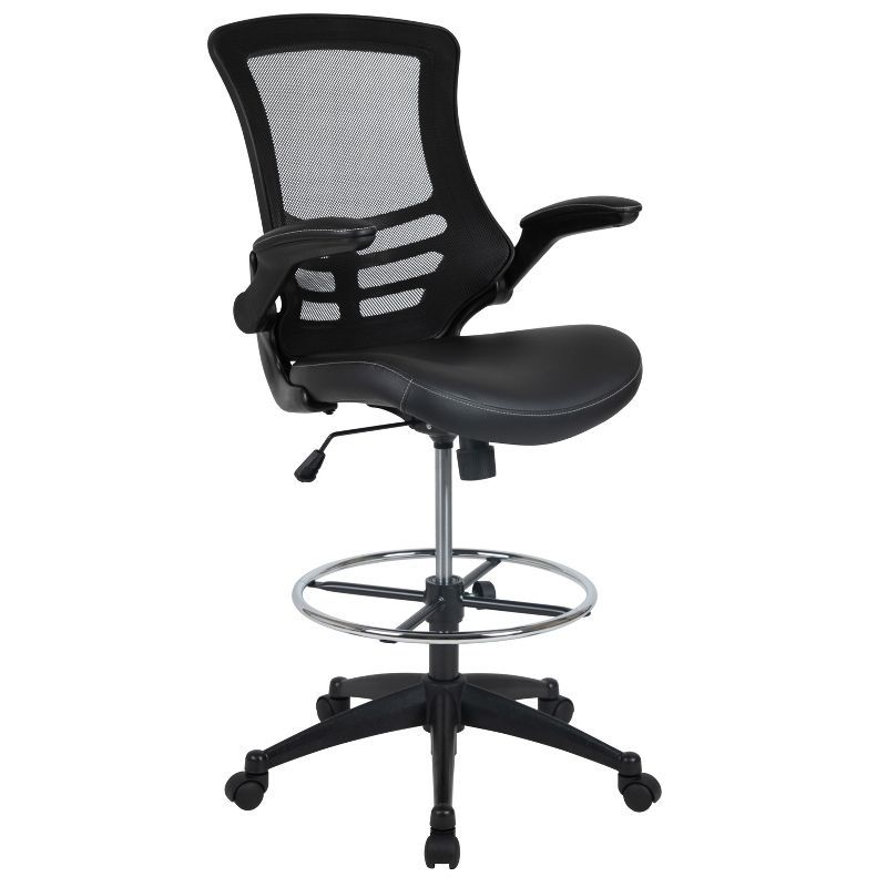 ErgoComfort 51" Black Mesh & Leather Drafting Chair with Adjustable Arms