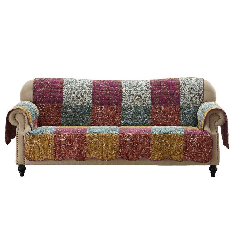 Mid-Century Modern Reversible Paisley Sofa Protector in Purple