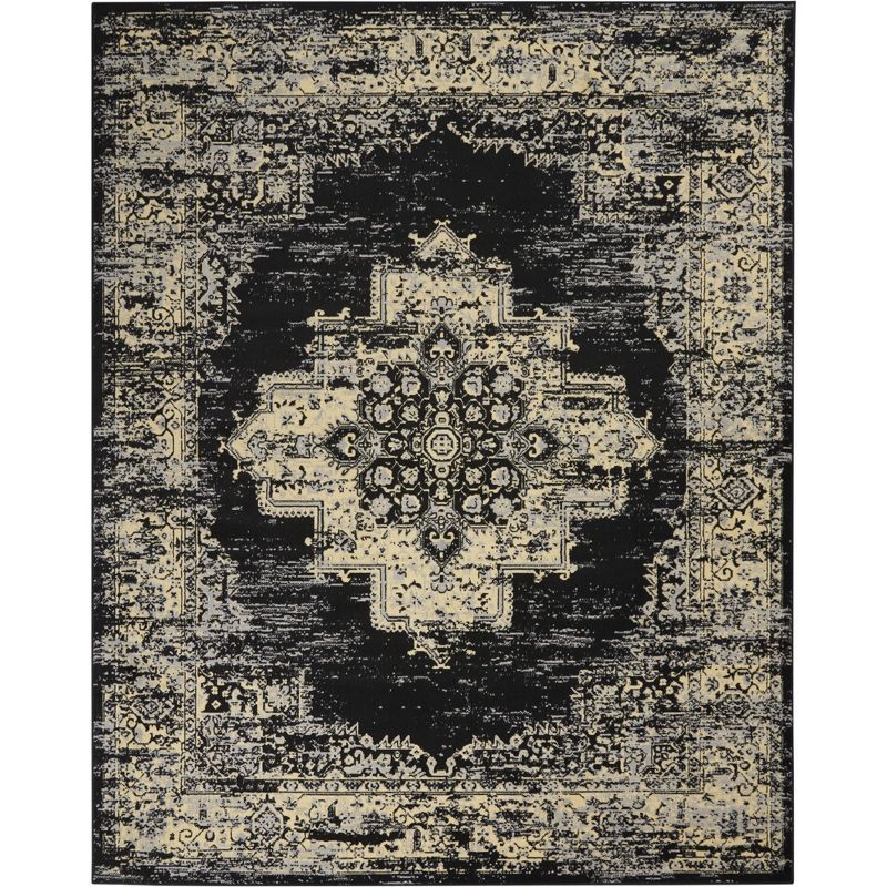 Black and Cream Synthetic Medallion Rectangular Area Rug 7' x 10'