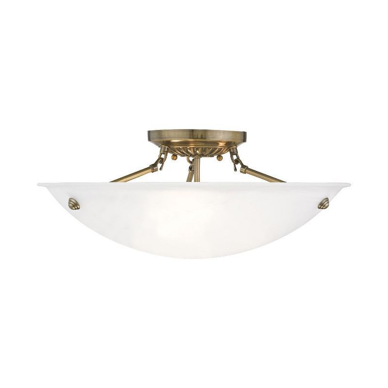 Antique Brass Elegance 3-Light Flush Mount with White Alabaster Glass