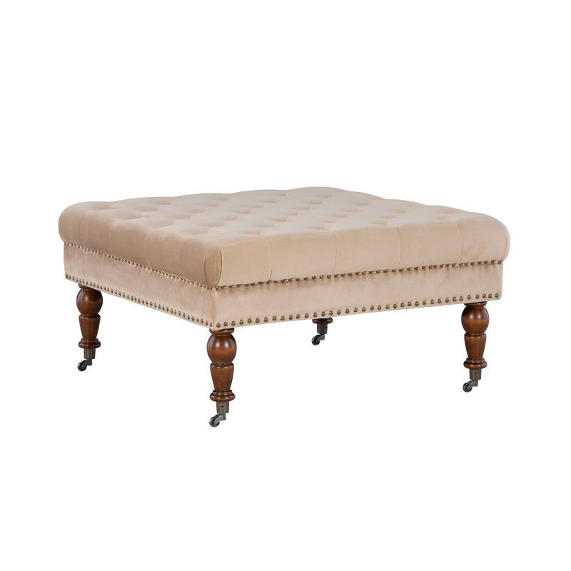 Elegant Tan Linen Tufted Cocktail Ottoman with Dark Walnut Legs