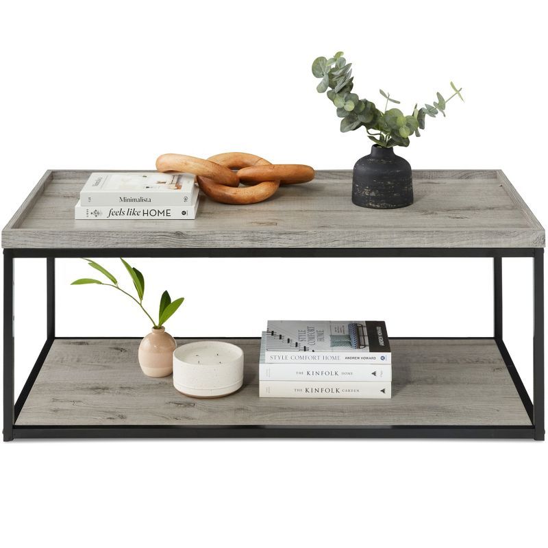 Gray 49.6" Rectangular Metal Frame Coffee Table with Shelf