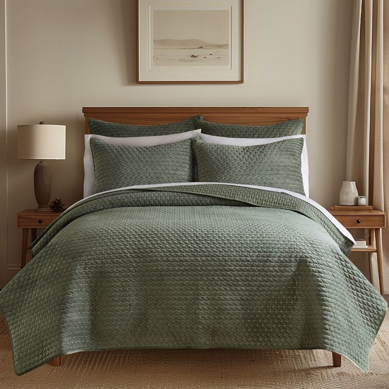 Green Velvet Reversible Full Quilt Set with Cotton Fill