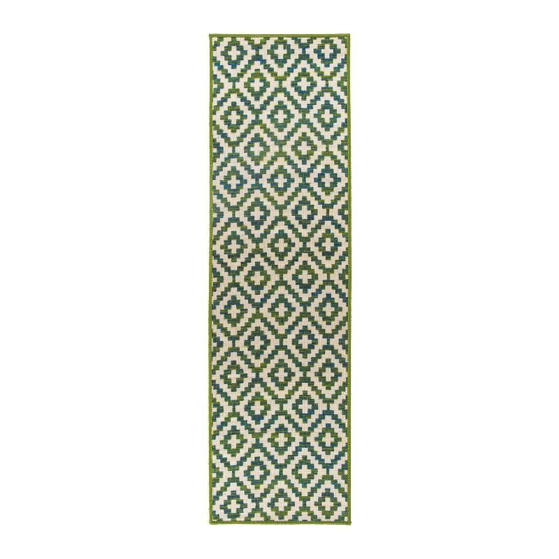 Green Geometric Trellis Indoor/Outdoor Nylon Runner Rug 2'x7'