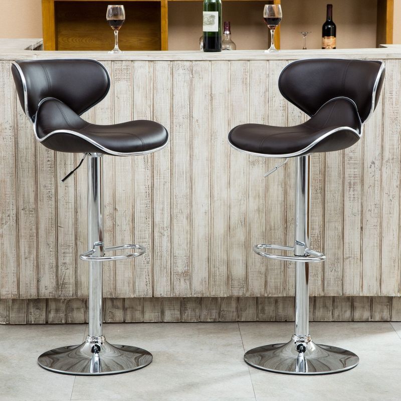 Contemporary Chrome-Finished Adjustable Swivel Barstool, Faux Leather Saddle, Set of 2