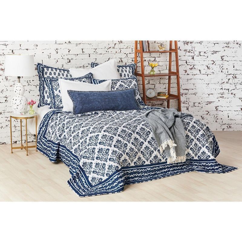 White and Indigo Cotton Reversible King Quilt