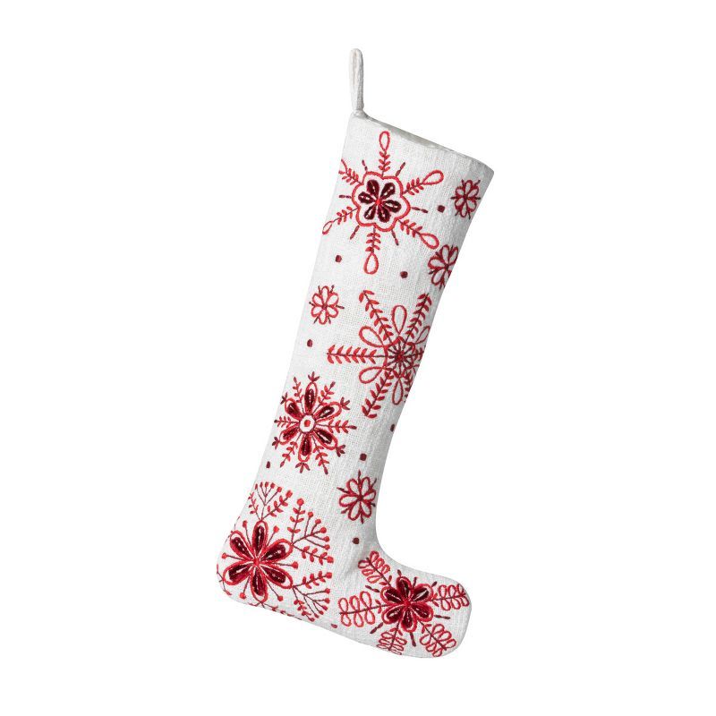 White and Red Cotton Embroidered Snowflake Stocking