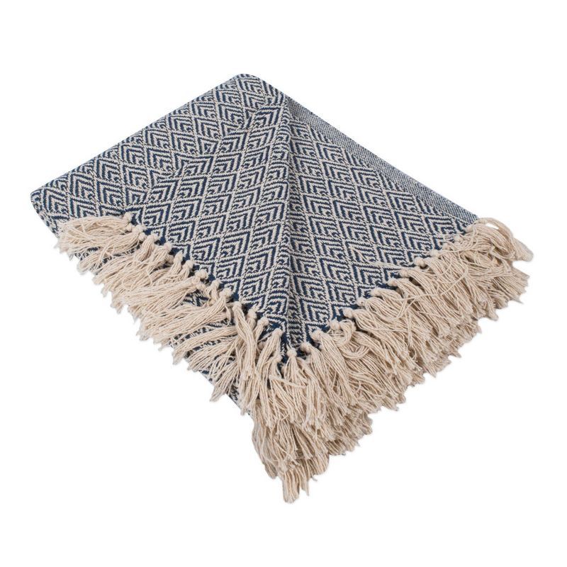 Nautical Blue Cotton Diamond Throw Blanket with Fringe