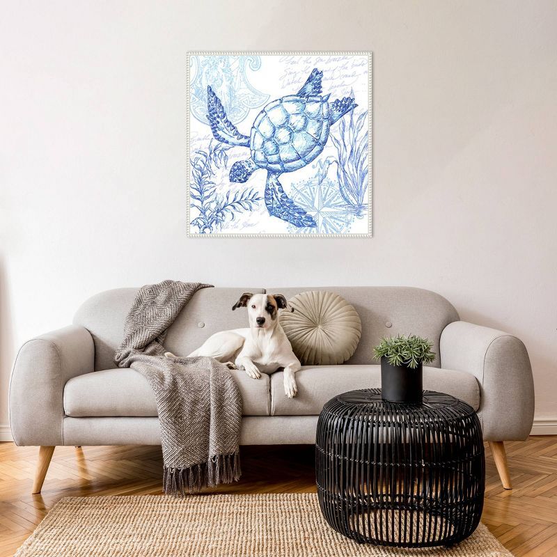 Coastal Sketchbook Turtle Blue and White Canvas Print with Floater Frame