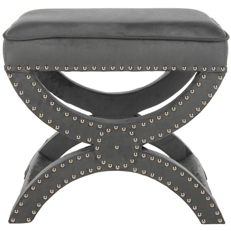 Gray Velvet Ottoman with Silver Nailhead Trim