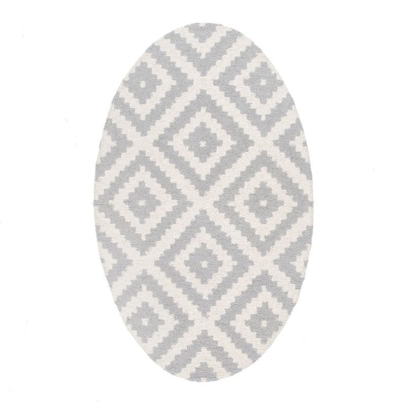 Light Gray Oval Tufted Wool Area Rug with Diamond Pattern, 9' x 12'