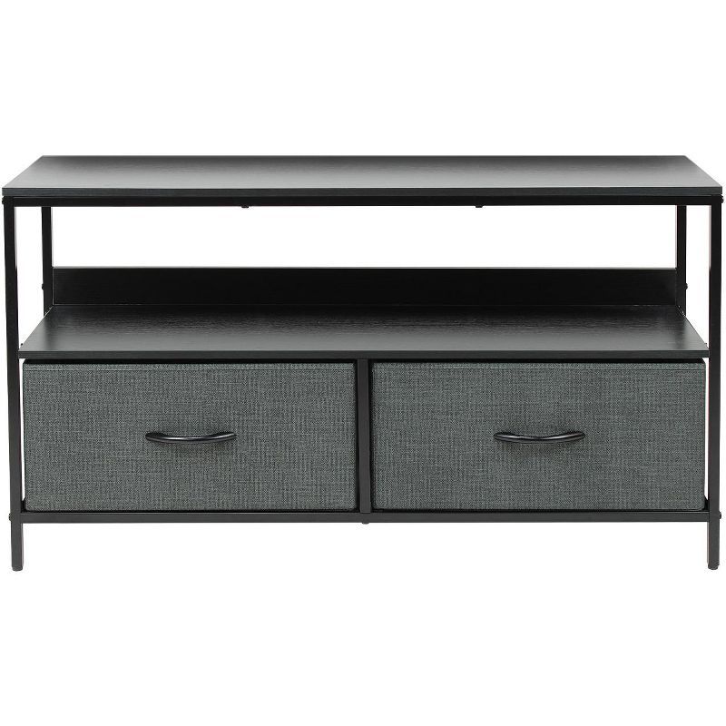 Compact Black Steel Frame TV Stand with Foldable Fabric Drawers