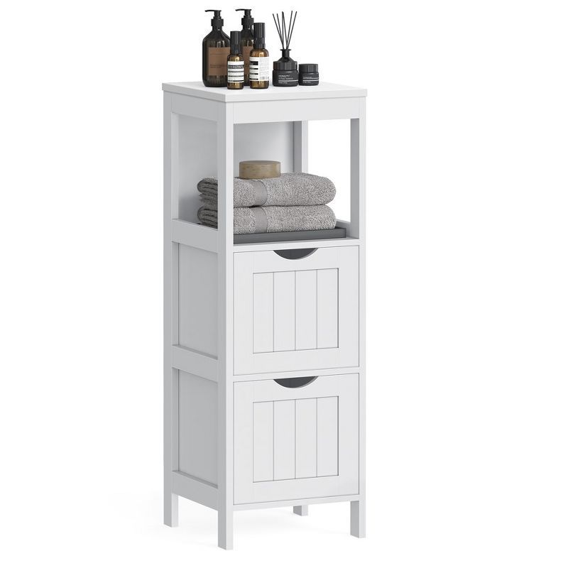 White MDF Bathroom Floor Cabinet with 2 Drawers and Open Shelf