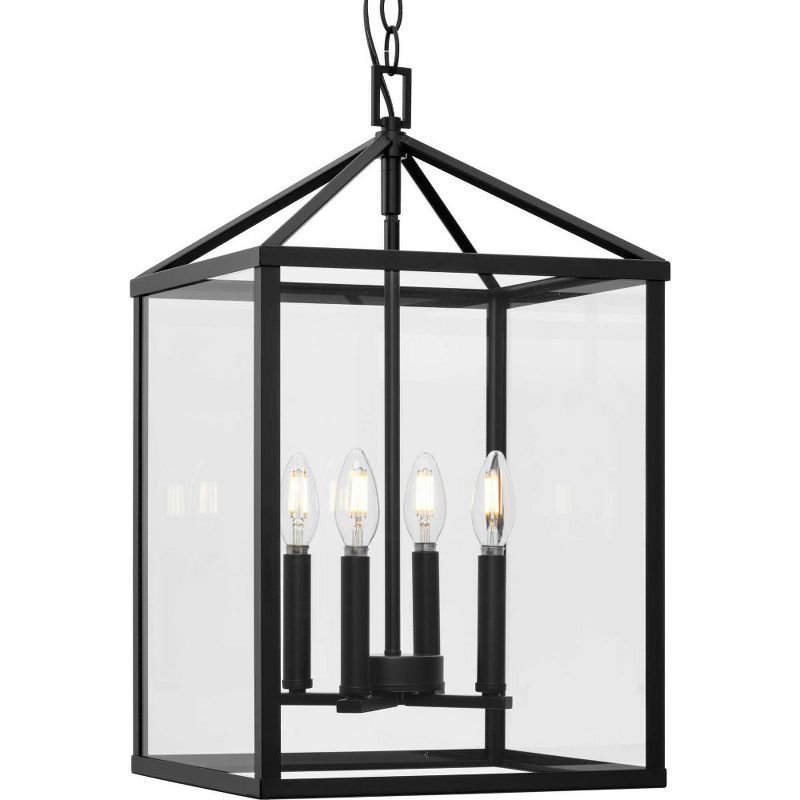 Hillcrest Matte Black 4-Light Foyer Pendant with Clear Glass Panels