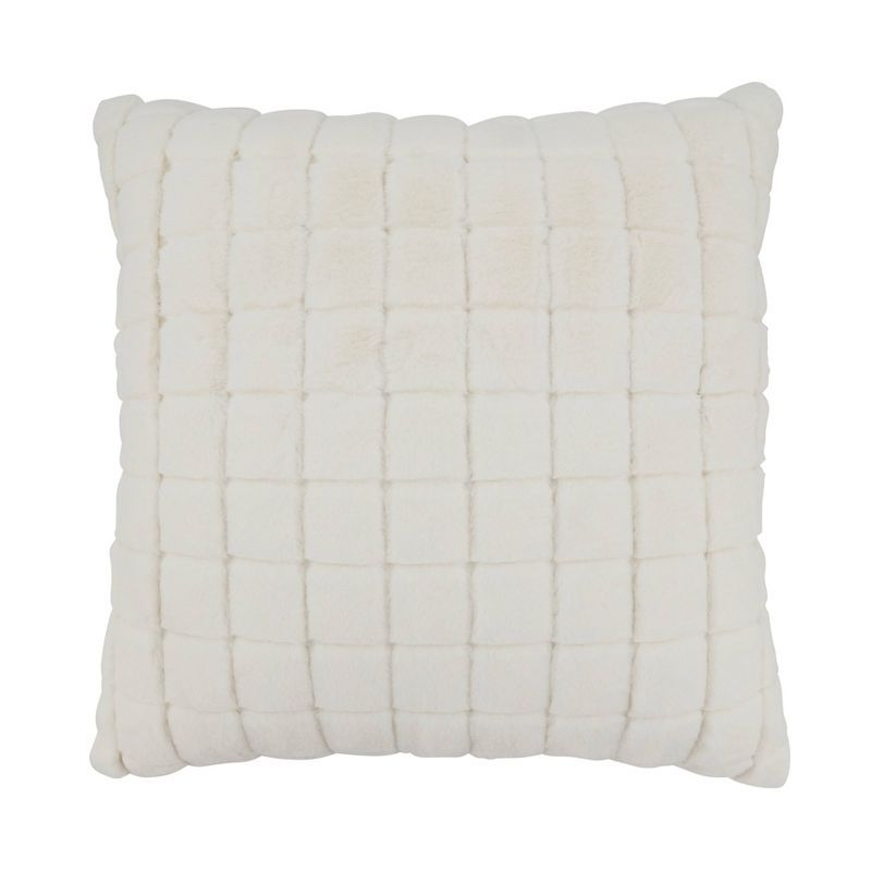 Ivory Grid Faux Rabbit Fur Square Throw Pillow 18"