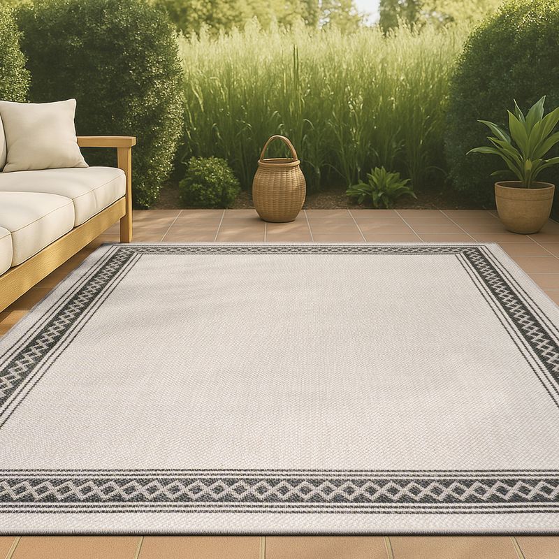 Lucia Modern Diamond Border Cream/Black 8' x 10' Indoor/Outdoor Rug