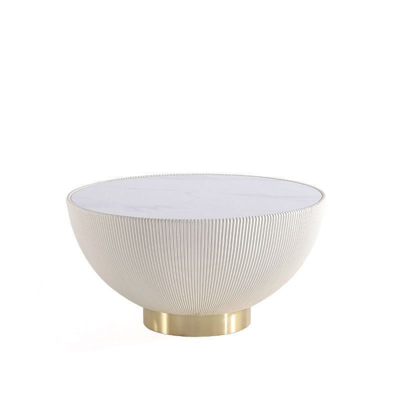 Cream Round Coffee Table with Faux Marble Top and Gold Base