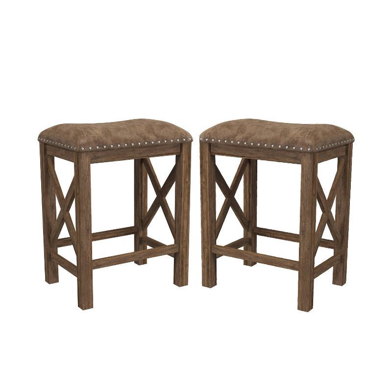 Antique Walnut & Weathered Brown Leather Saddle Barstool, Set of 2