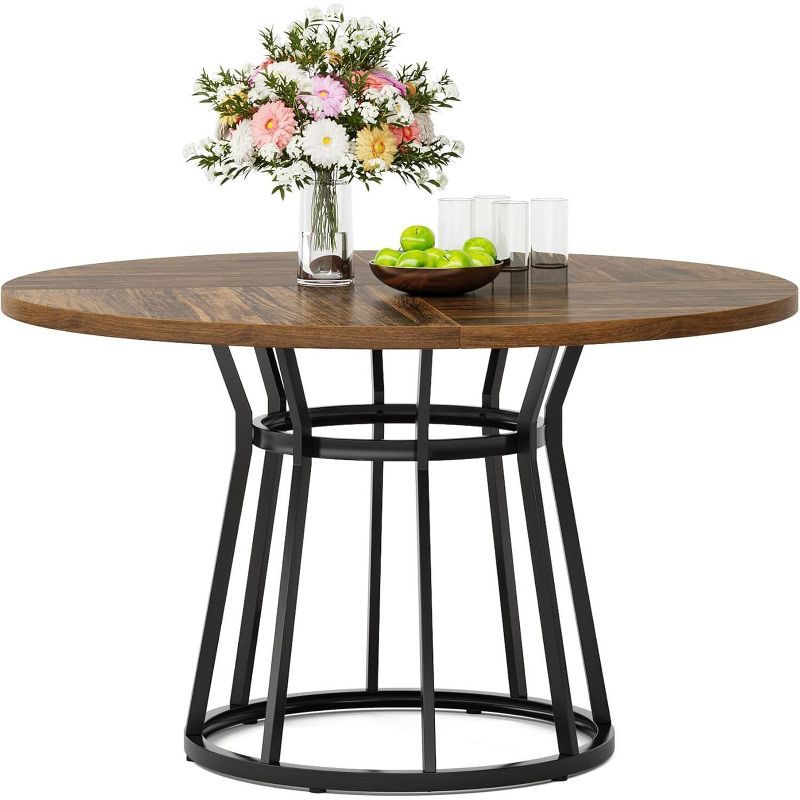 Brown Round Wood Dining Table with Black Metal Base, 47.2 Inch