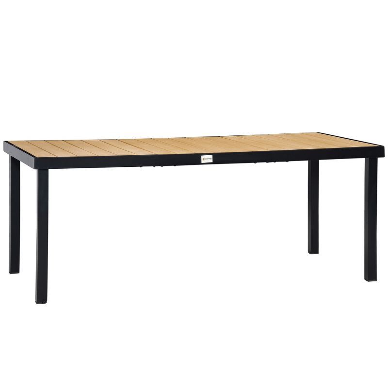 Natural Wood-Like Slat Top Rectangular Outdoor Dining Table with Black Aluminum Frame