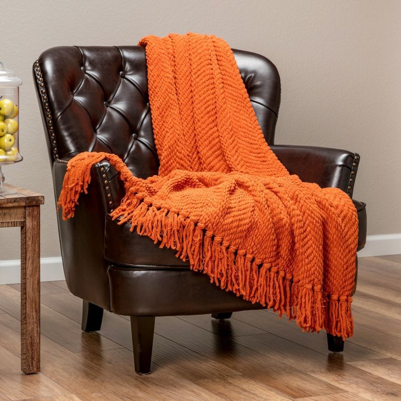 Chanasya 60x70 Inch Orange Knitted Acrylic Polyester Throw Blanket with Tassels