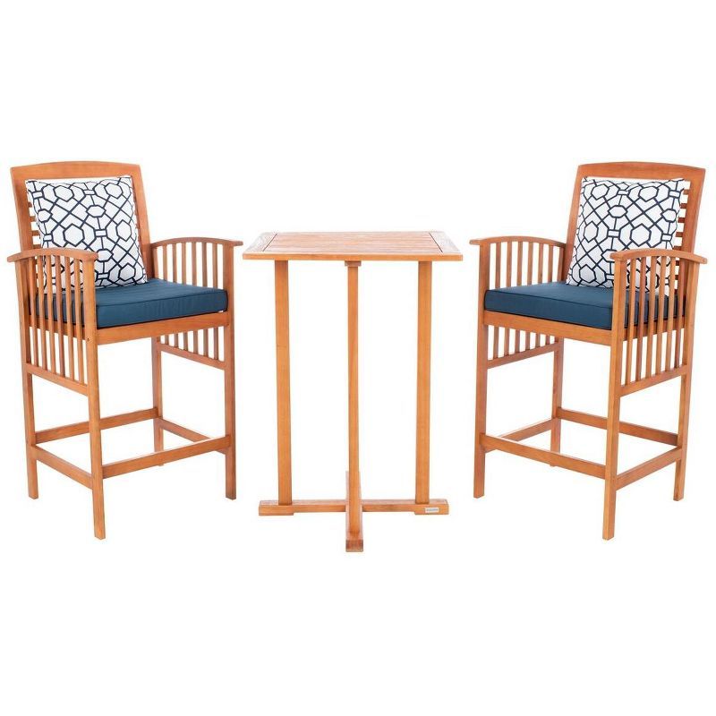 Natural Eucalyptus 3-Piece Bar Height Bistro Set with Navy Cushions