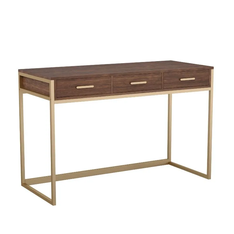 Walnut and Brass Modern Home Office Desk with Drawers