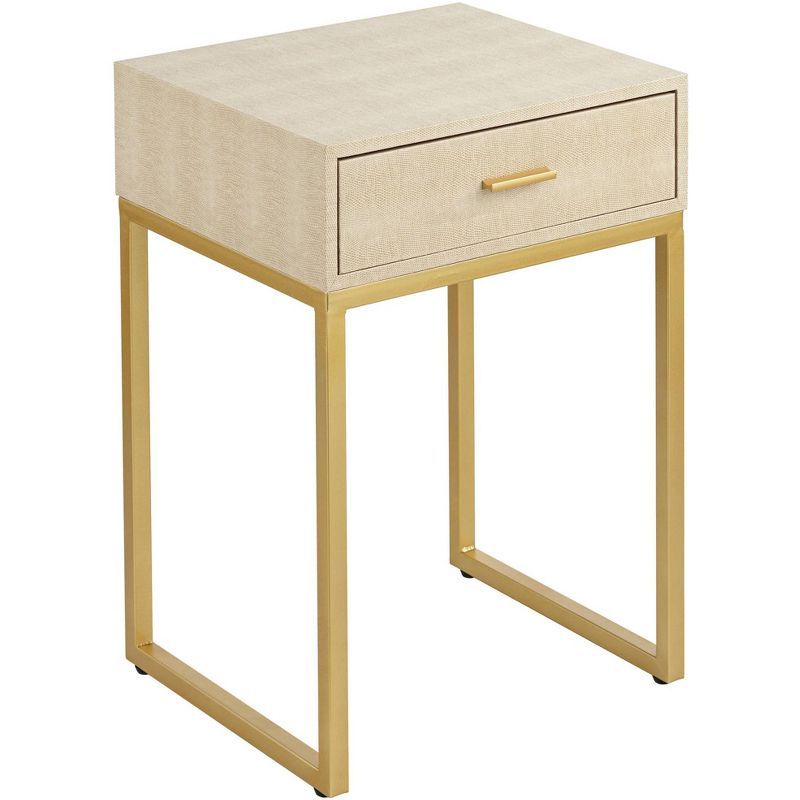 Cream and Gold 16" Faux Shagreen Wood Accent Table with Storage