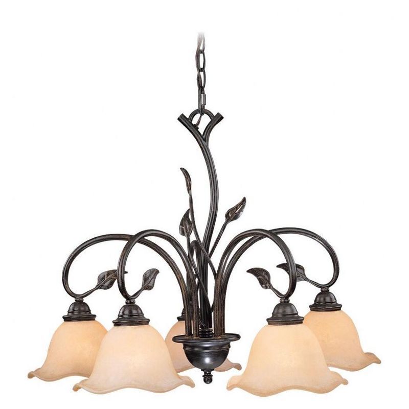 Elegant Rustic Vine 5-Light Chandelier with Amber Flake Glass Shades